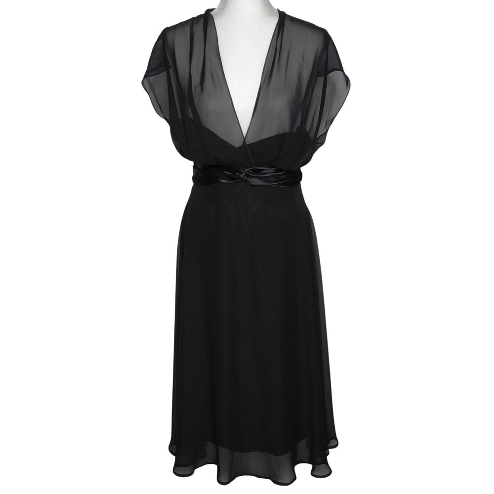 Classic Goth Connected Apparel Midi Dress Women 8 Black Chiffon Sheer V-Neck Tie